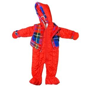 Sears Red Plaid Lined‎ Hooded Snowsuit Bunting Baby Infant Size S 14-19 lbs